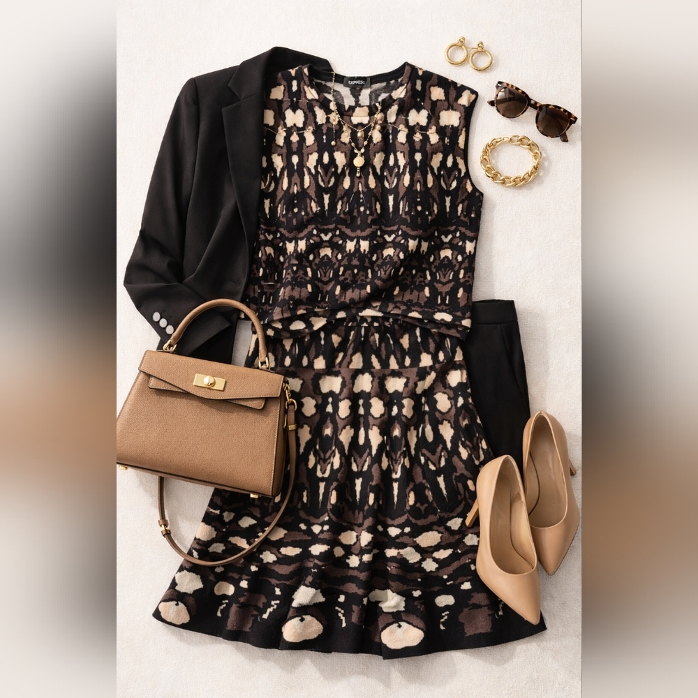 Express Knit Matching Set Top & Skirt | Black Contour | Size L/XL